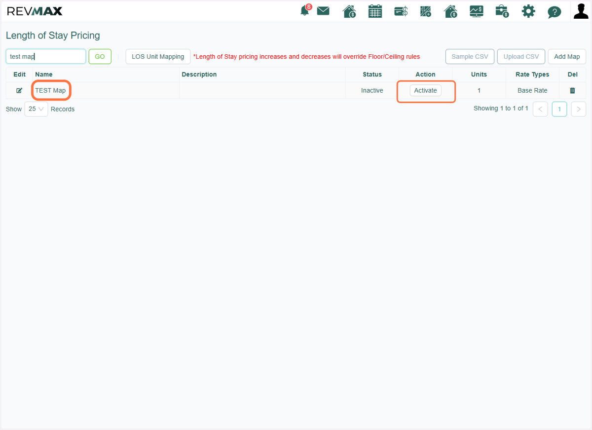 Once you've saved your map, it will appear on the Length of Stay Pricing page. To activate LOS pricing, make sure to click the Activate button.