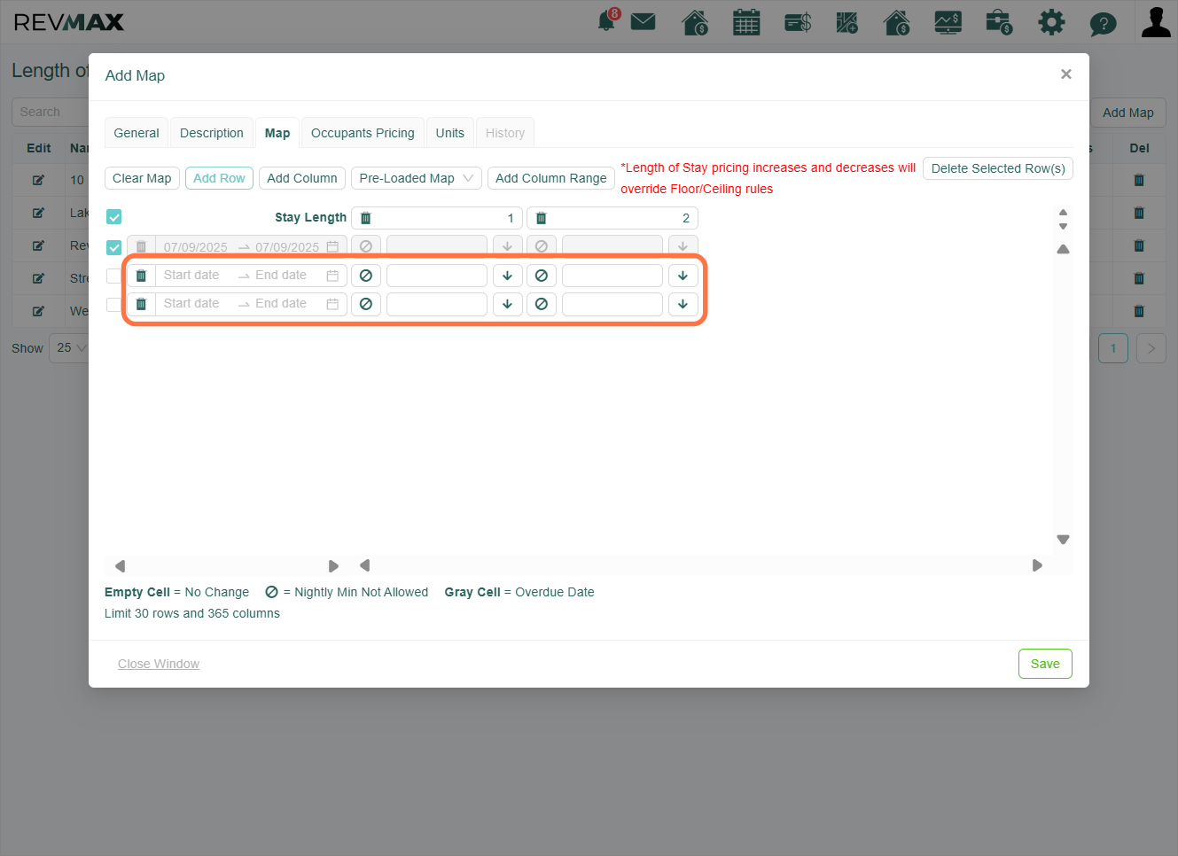 The "Add Row" button allows you to insert a date period along with the night minimums you've previously configured in the map.