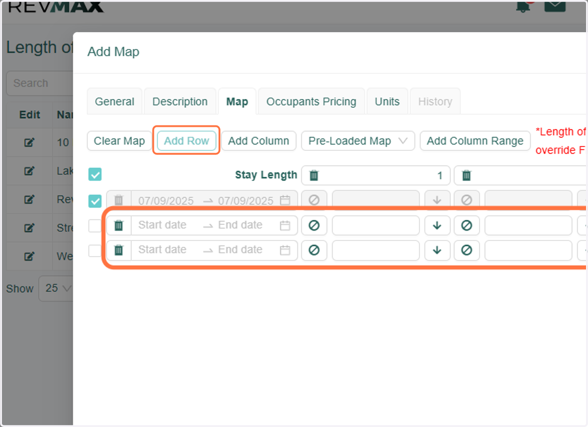 The "Add Row" button allows you to insert a date period along with the night minimums you've previously configured in the map.