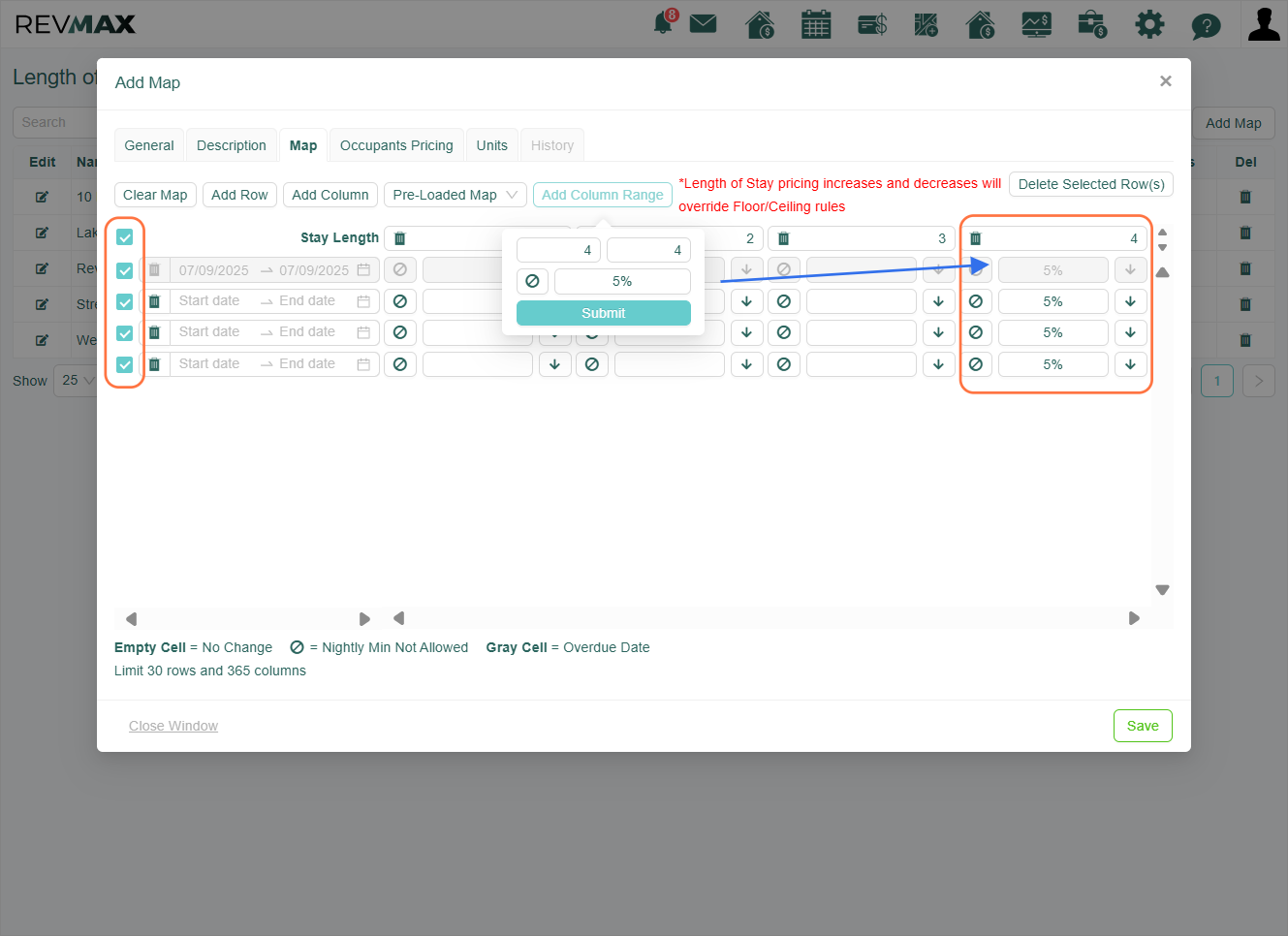 The "Add Column Range" button allows you to bulk add columns (night minimums) with the option to apply an increase or decrease to the rates.