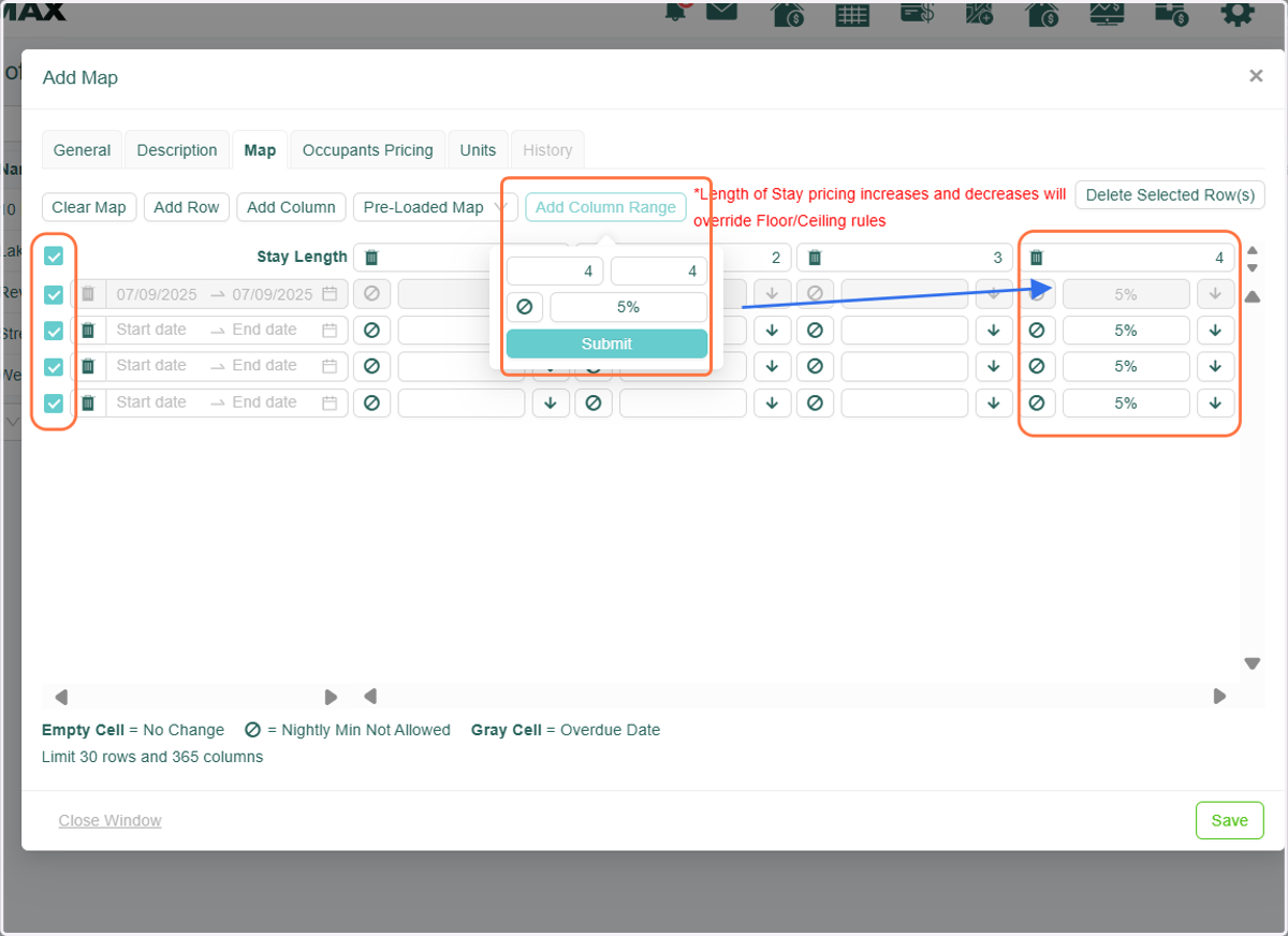The "Add Column Range" button allows you to bulk add columns (night minimums) with the option to apply an increase or decrease to the rates.