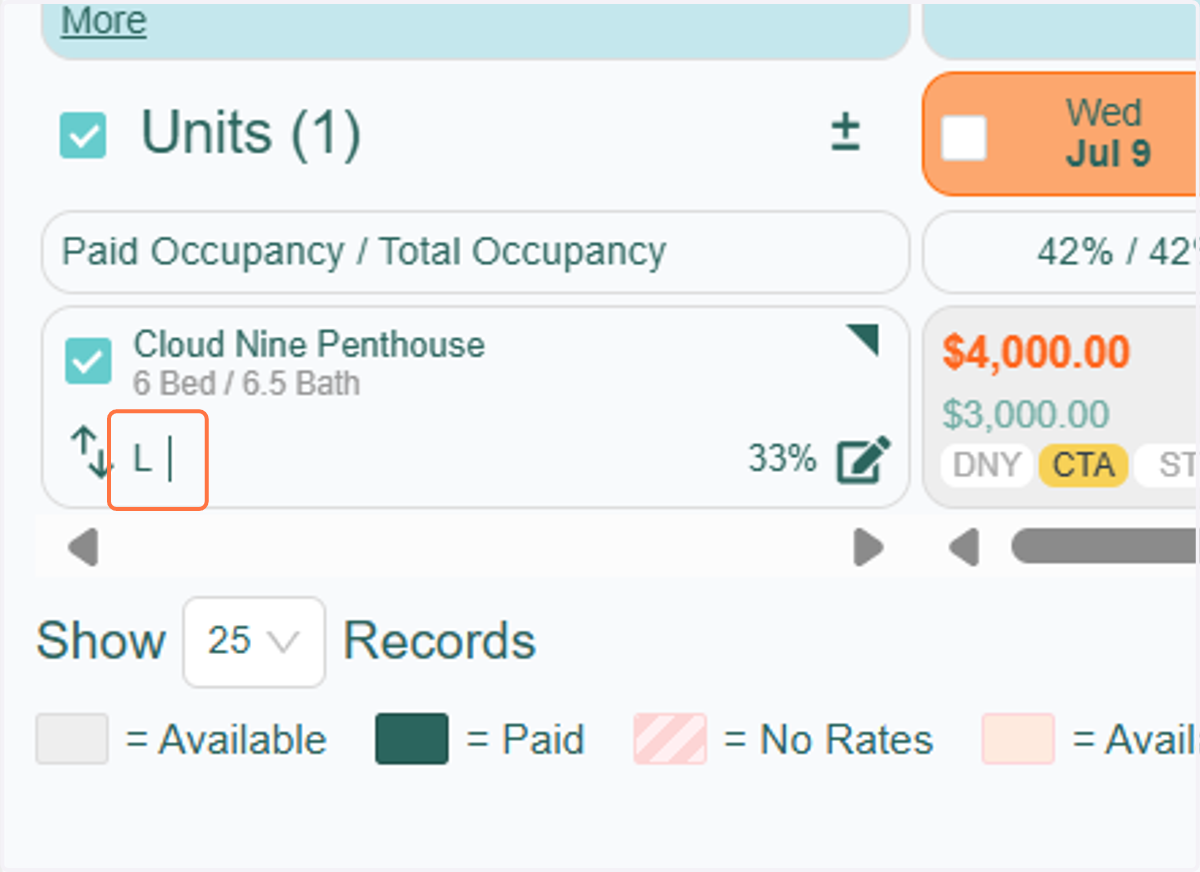 Once LOS Pricing is activated, an 'L' icon will appear below the unit label, indicating that LOS Pricing is active for that unit.