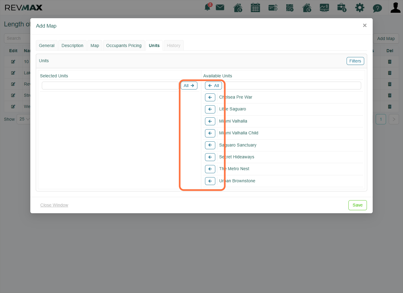 The Units tab allows you to select the specific units to which you want to apply the LOS strategies configured in the map. Please note that only one map can be assigned per unit.