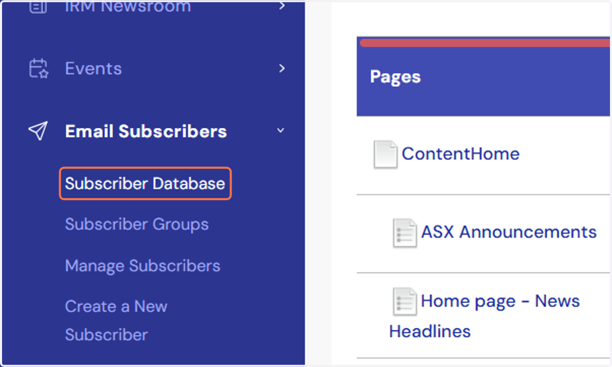 The "Subscriber Database" section within HQi contains information about all subscribers who have registered to receive Email Alerts from your company.