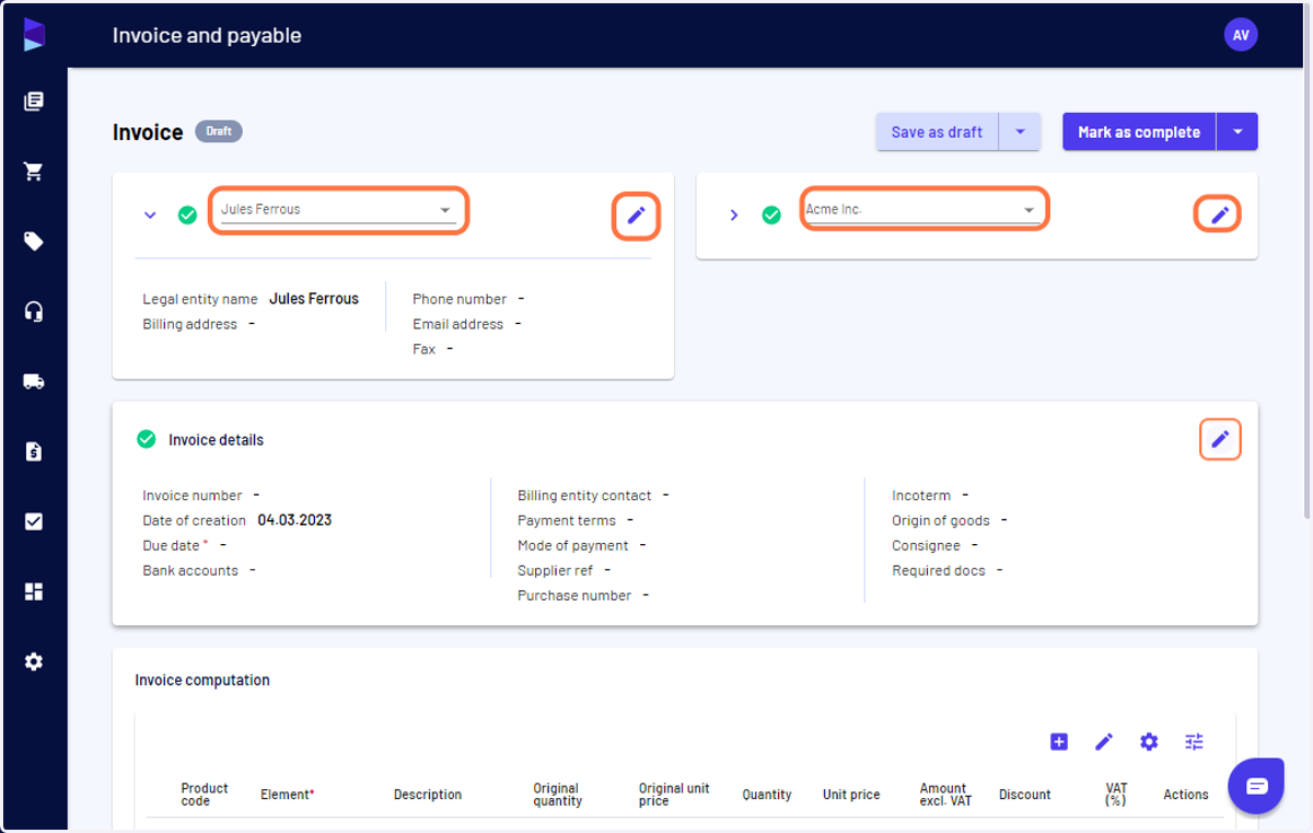 Select your billing entity and customer and make the necessary edits as required