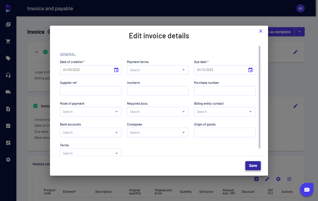 You can set a due date, and add incoterms and consignee details as required while editing invoice details