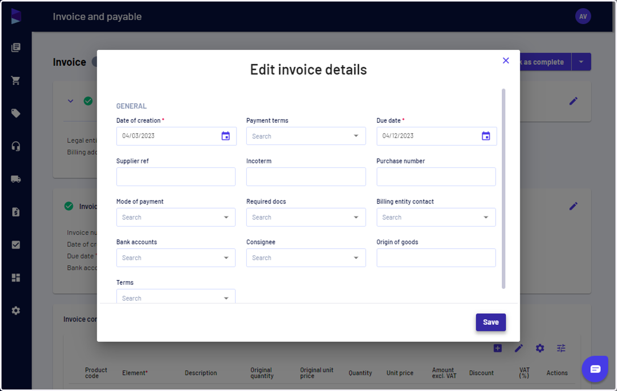 You can set a due date, and add incoterms and consignee details as required while editing invoice details