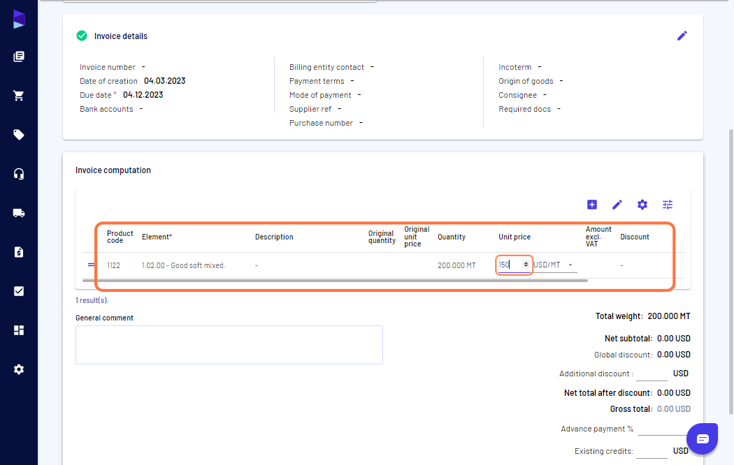 Add element/material, quantity and unit price