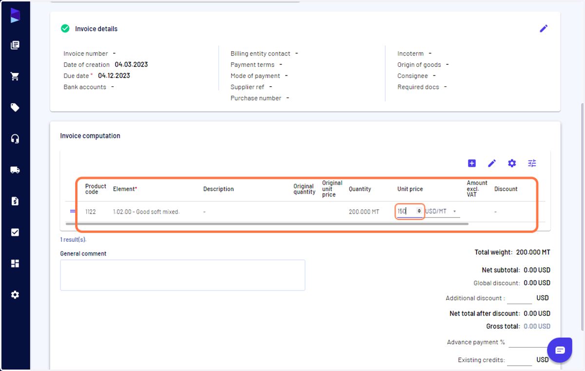 Add element/material, quantity and unit price