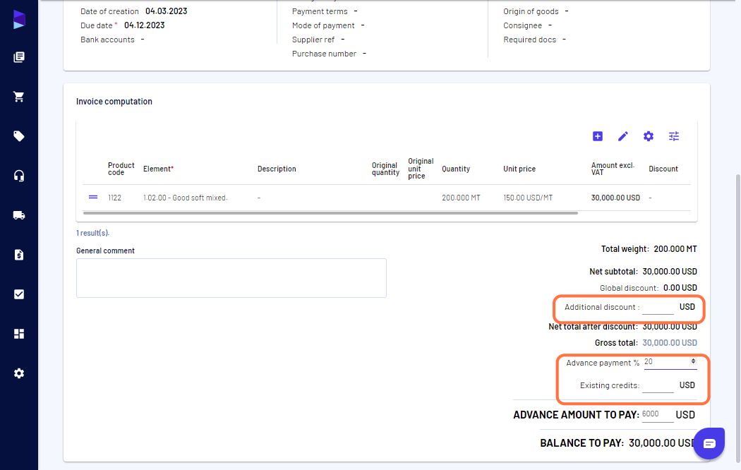 You can also add an additional discounts, advance to pay, and adjust credits
