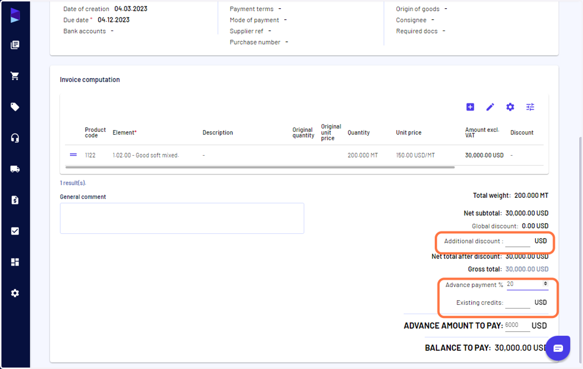 You can also add an additional discounts, advance to pay, and adjust credits