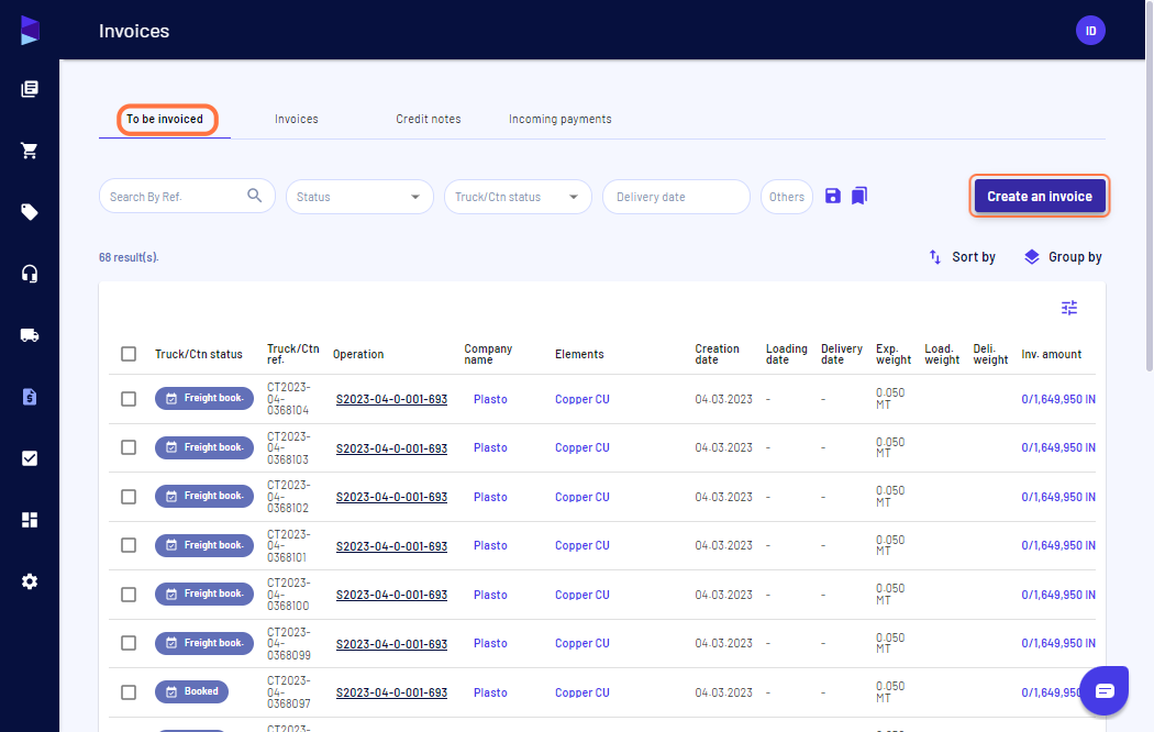 Click on "Create an invoice" in the "To be invoiced" tab