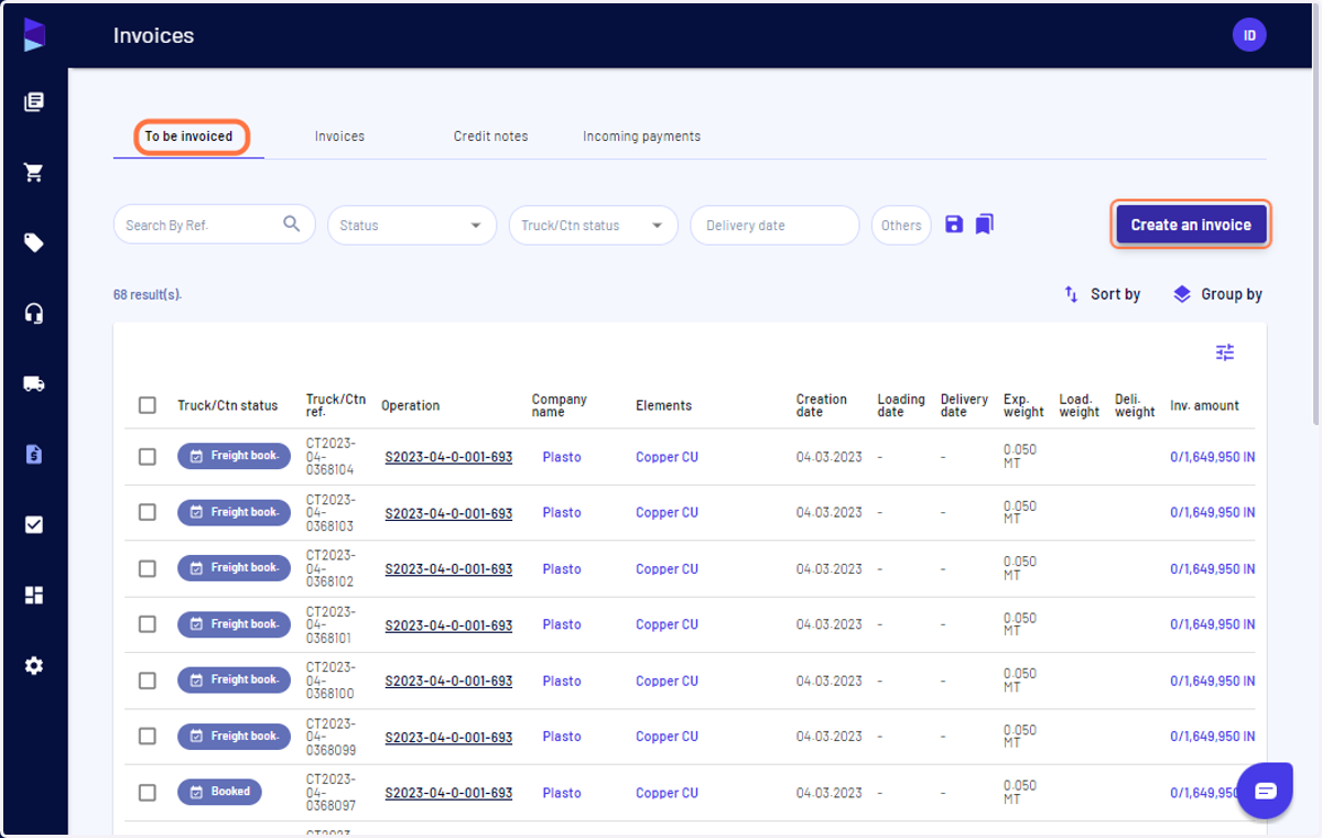 Click on "Create an invoice" in the "To be invoiced" tab