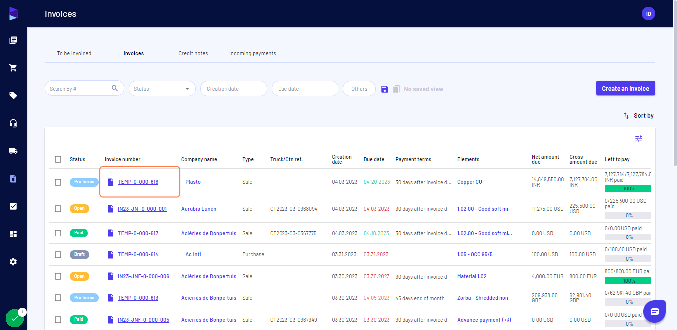 Once saved, you can click on the invoice number to download it