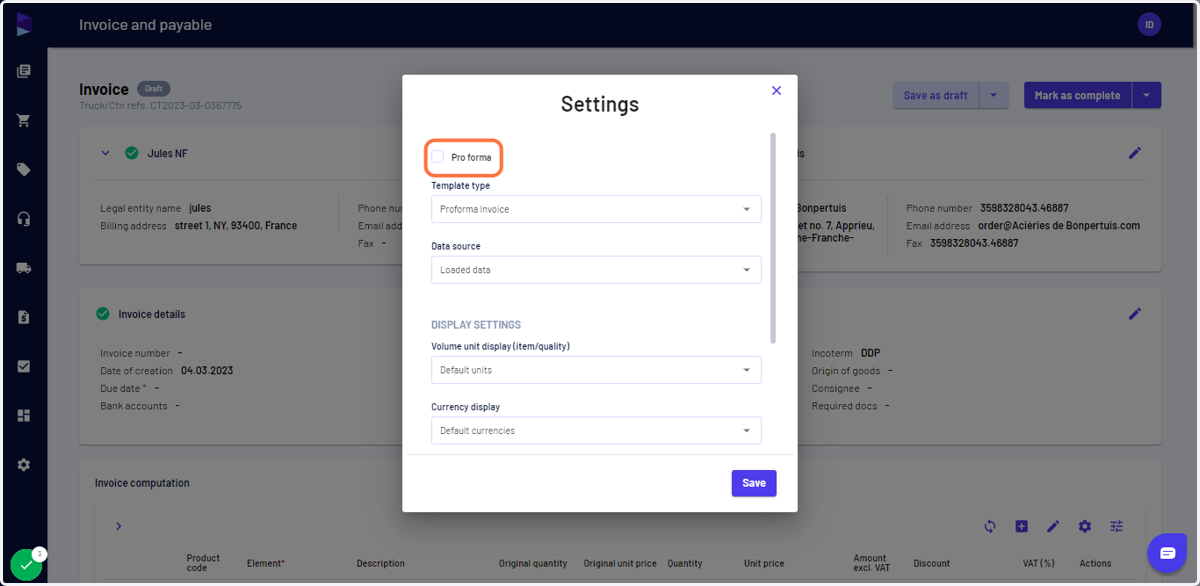 When generating proforma, you can click the proforma invoice and select the template type accordingly