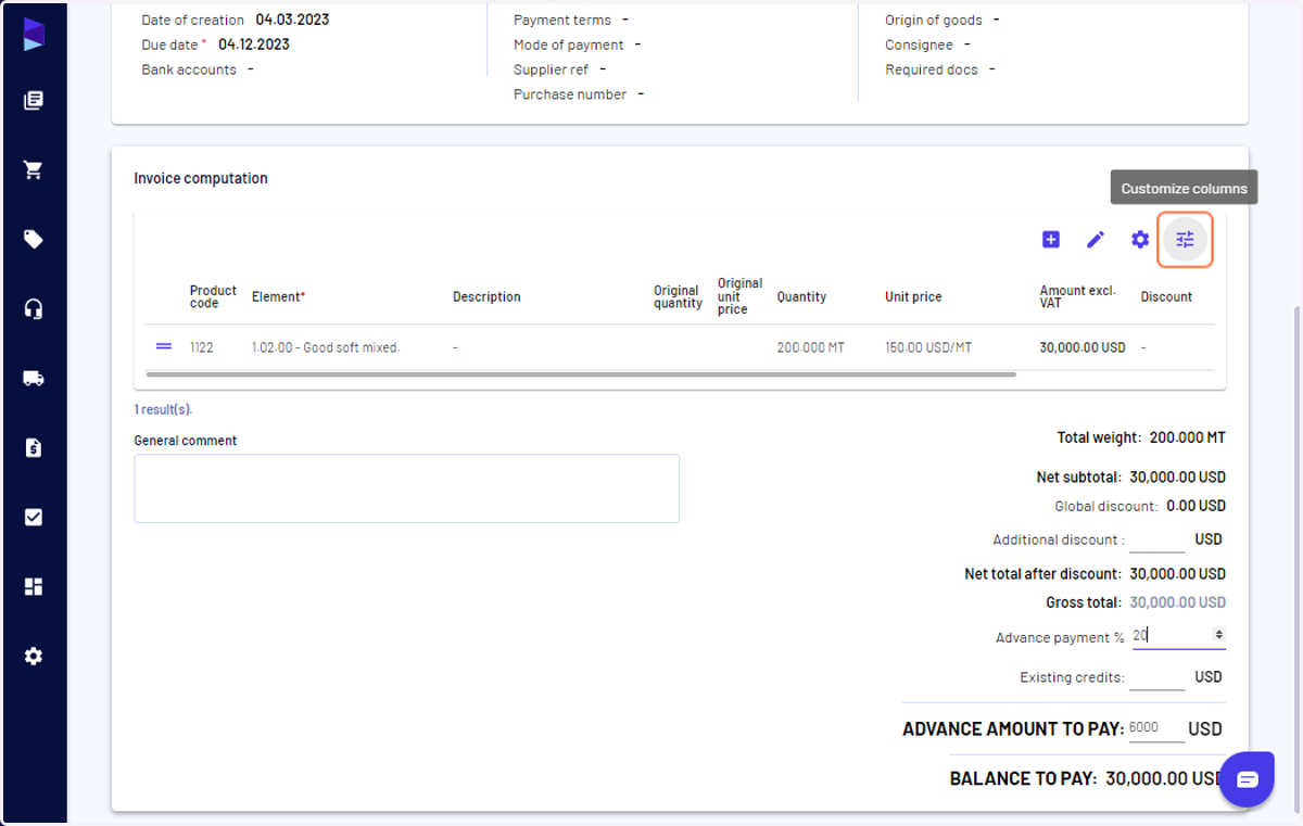Click on "Customize" to customize the columns