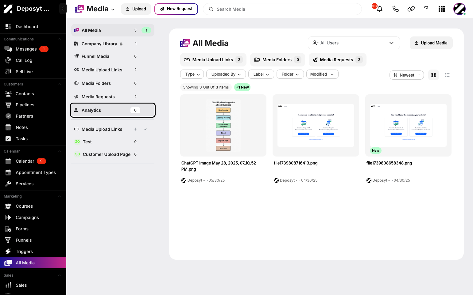 Step 3: Click the Analytics button in the side menu to open the section and access your uploaded media.