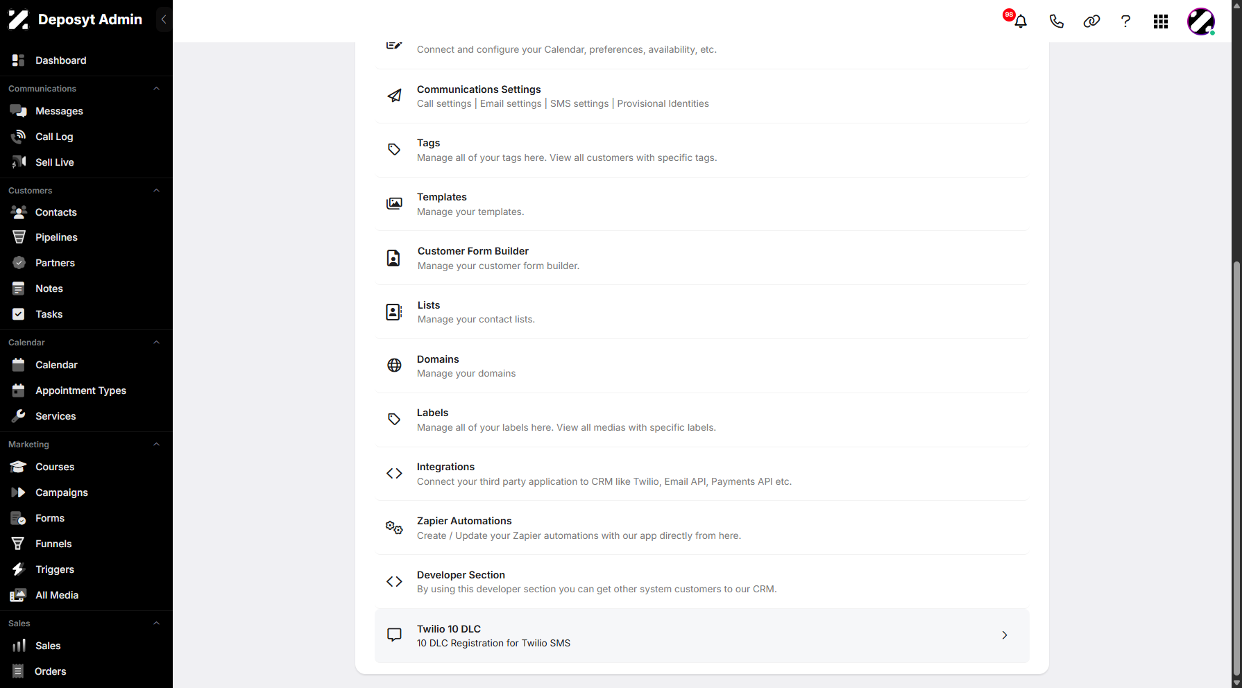 Step 3: You will then be taken to the Settings page. Scroll down and click on Twilio 10 DLC to continue.