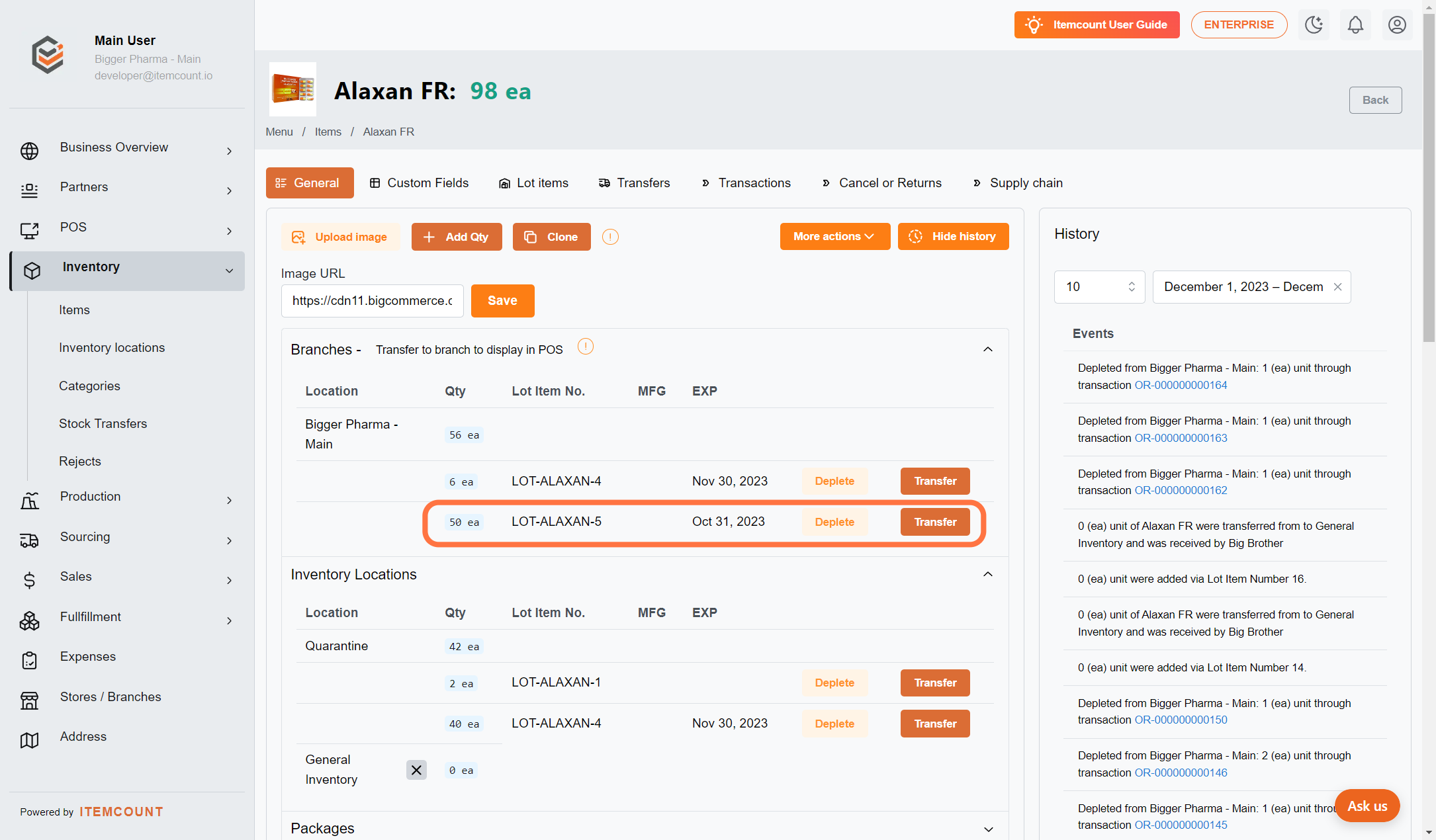 Choose the stocks by lot items that correspond to the location or branch you would like to deplete.
