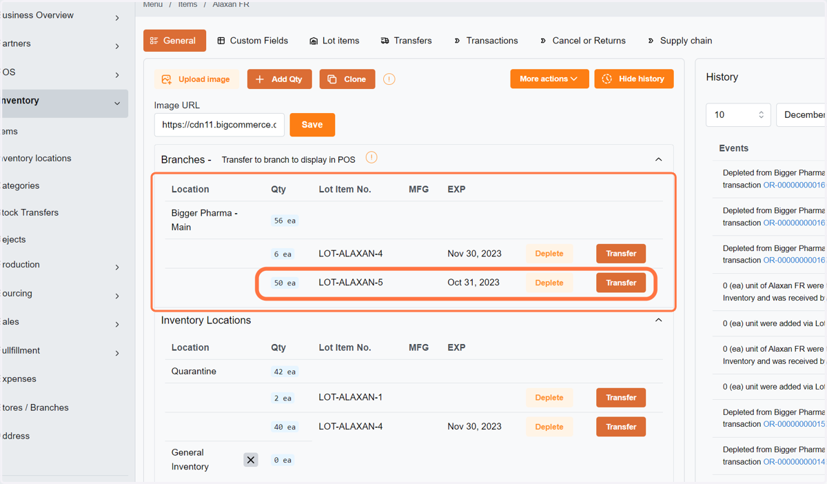 Choose the stocks by lot items that correspond to the location or branch you would like to deplete.