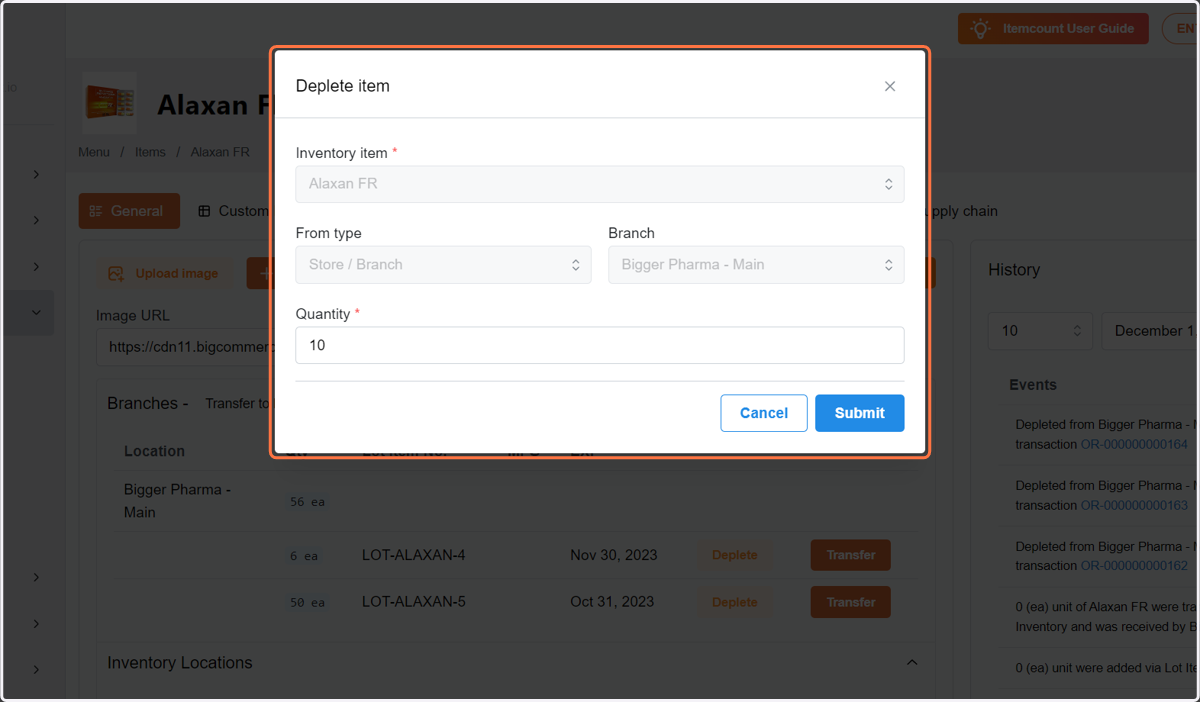 Enter the quantity that needs to be removed from the stock of lot items.