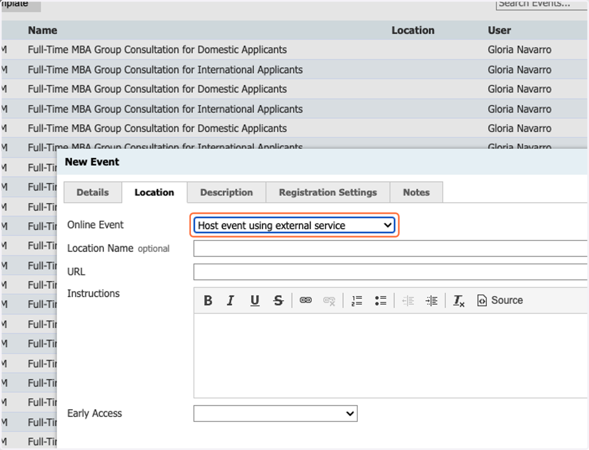 Select Host event using external service from Online Event