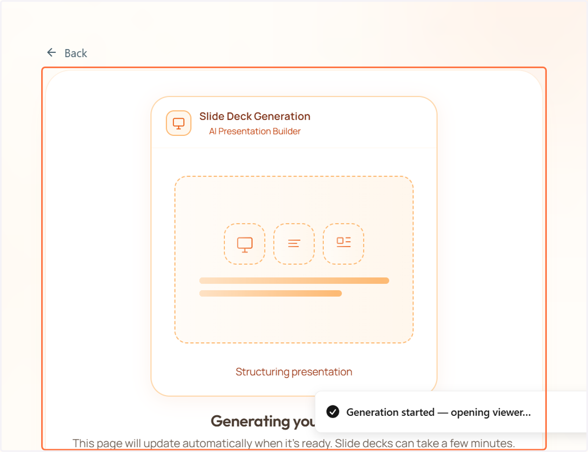 The Slide deck generation has started. Your Slide deck will be ready in a several moments.