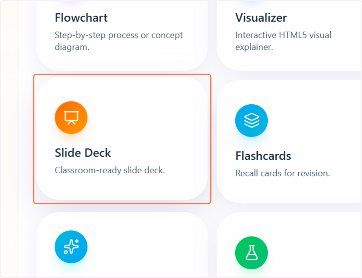 Scroll down and select "Slide deck" from the resource studio .