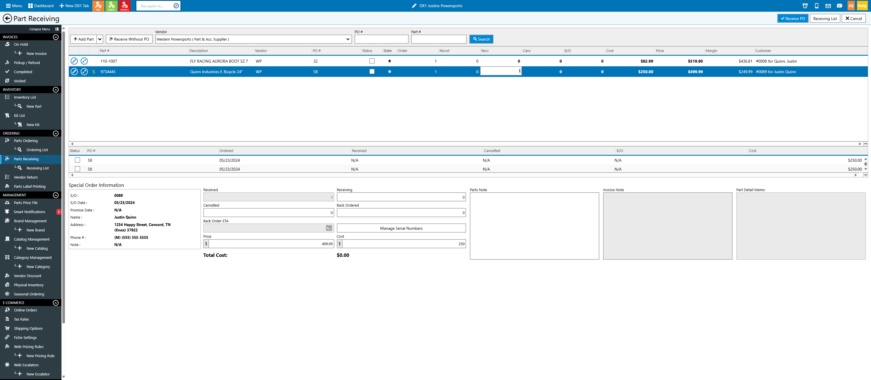 Once you find the vendor and the part you are looking for, add in the received quantity