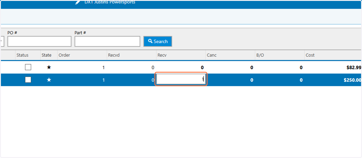 Once you find the vendor and the part you are looking for, add in the received quantity