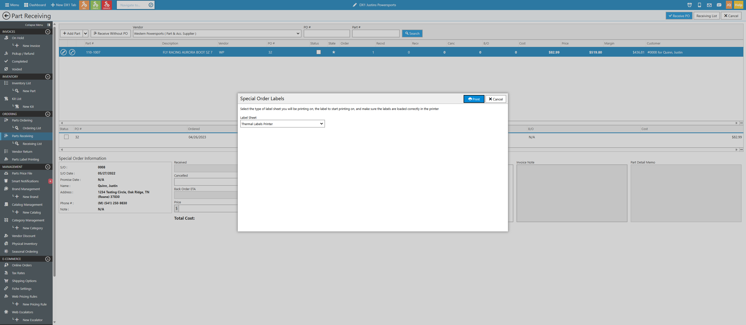 Select the label type and click the Print button