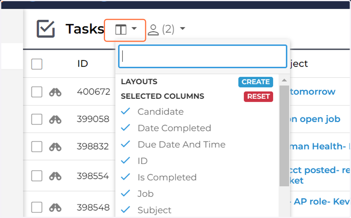 Click on the list icon to customize the columns
