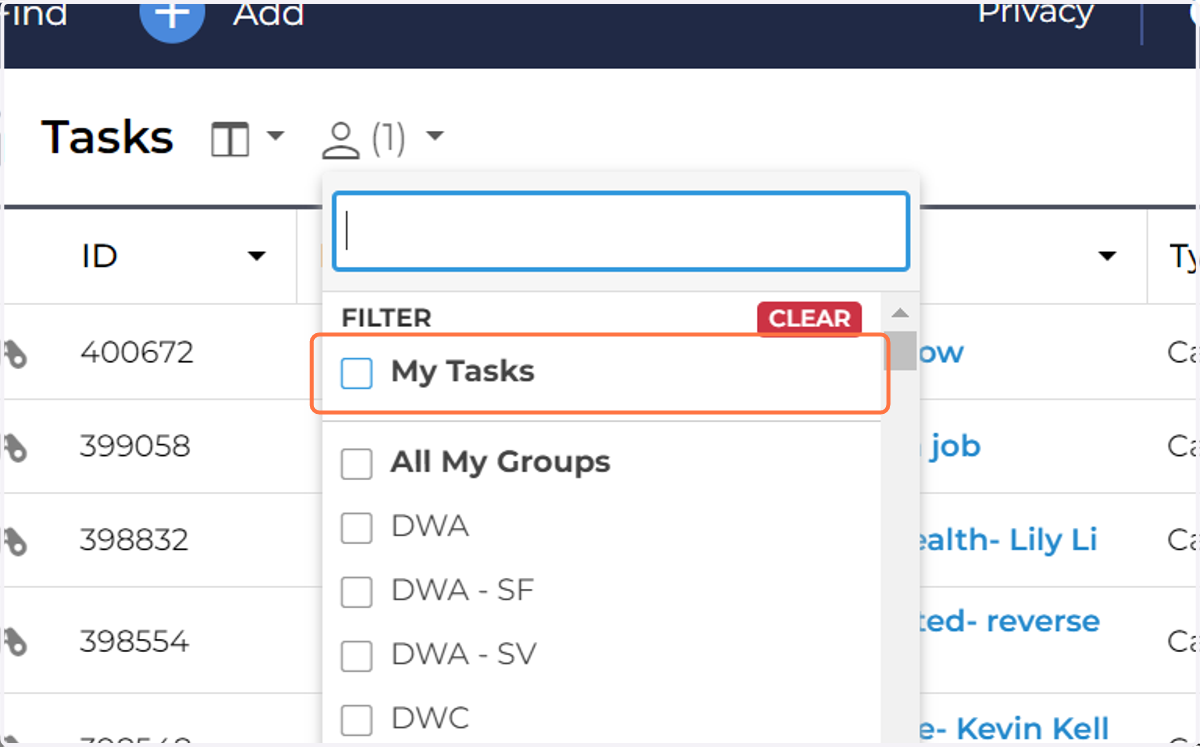 Click the person and filter to My Tasks