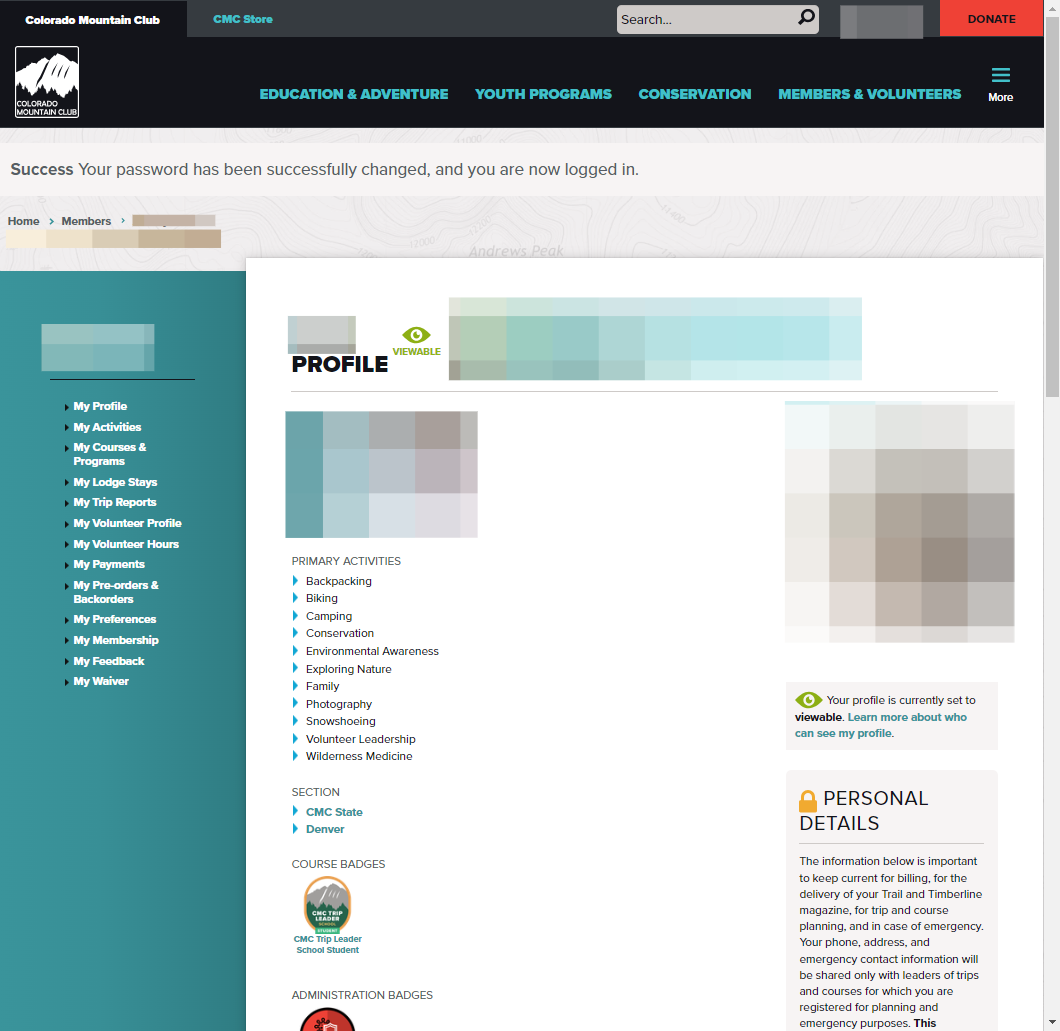 A successful password reset will take you to your main profile page.