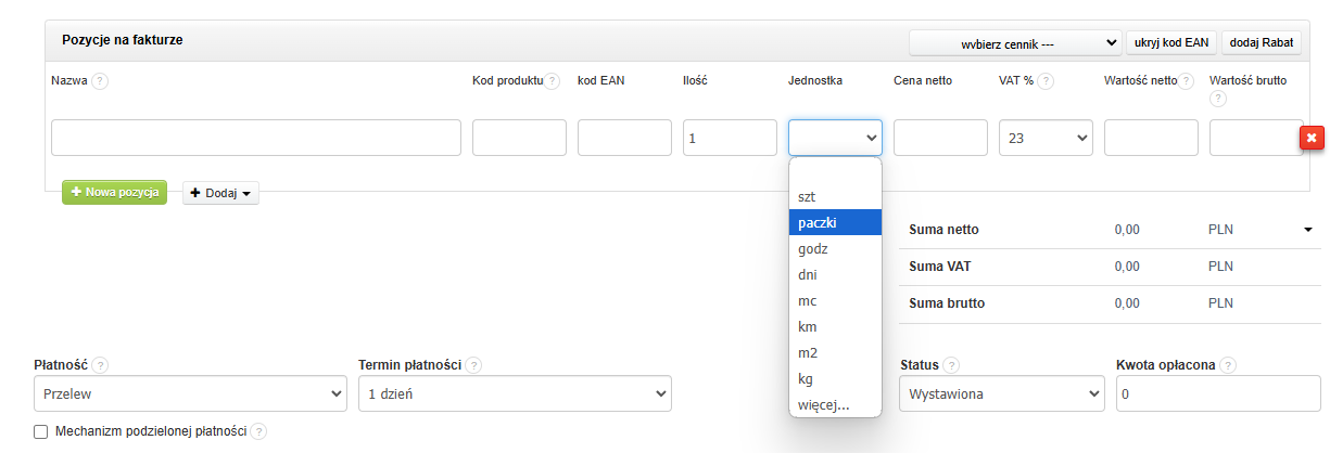 Lista będzie zgodna z tym co określiłeś w słownikach. W naszym przykładzie dodaliśmy miarę 'paczki' i przy tworzeniu dokumentu opcja ta jest dostępna do wyboru.