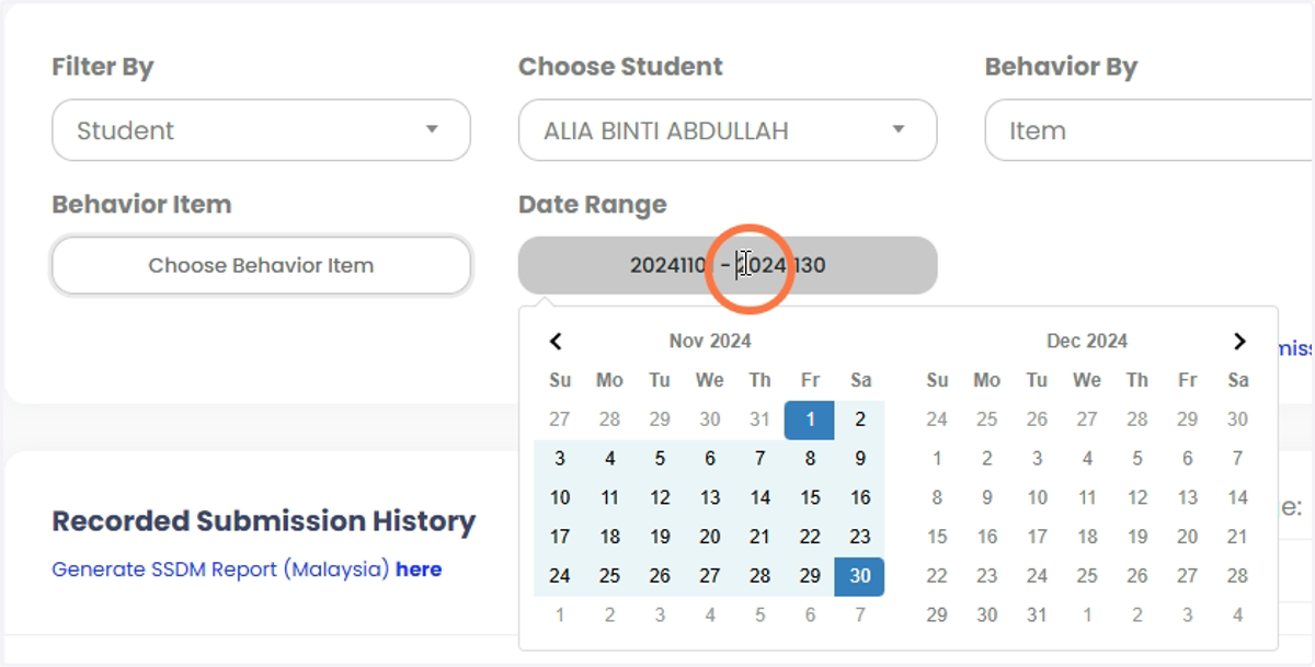 Senaraikan dan pilih tarikh di bahagian 'Date Range'.