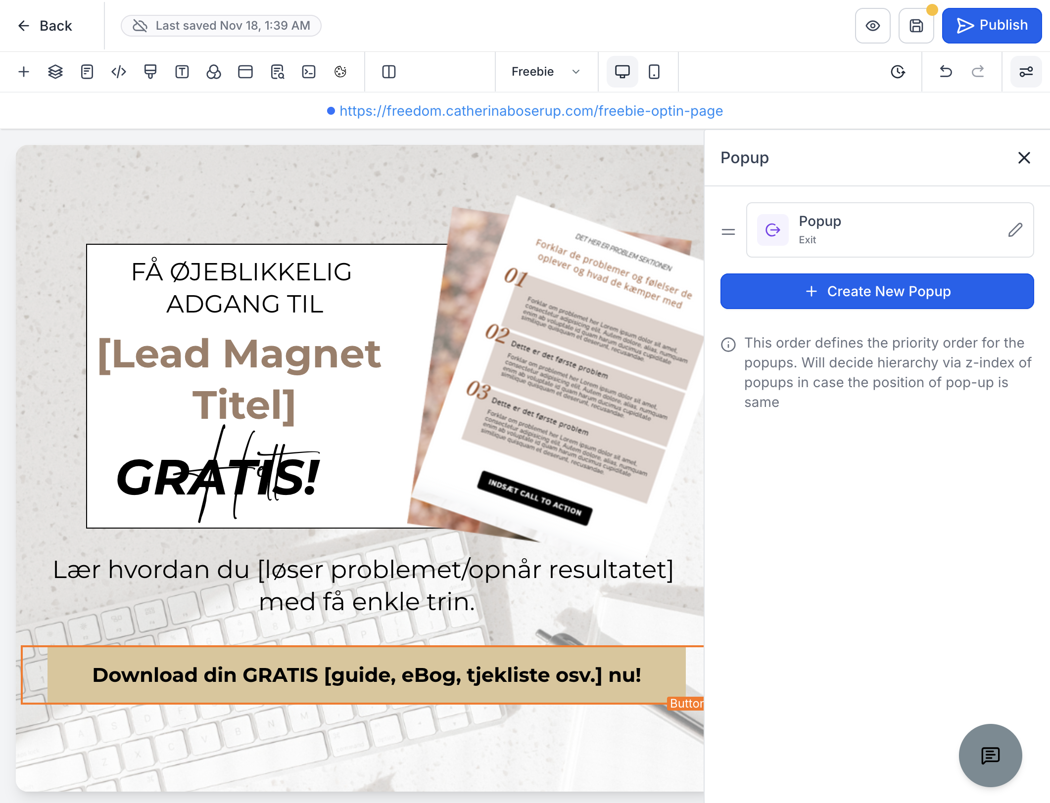 Klik på blyanten for at redigere Popup