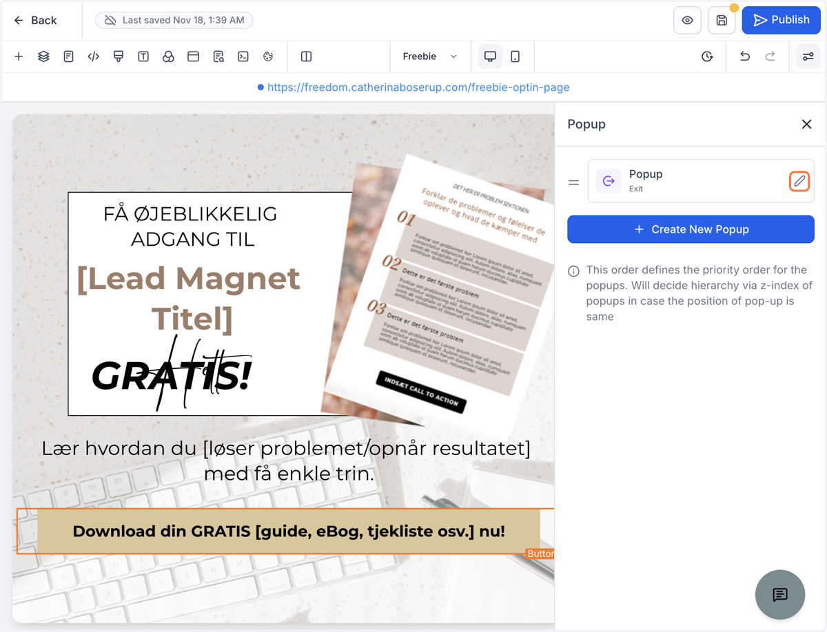 Klik på blyanten for at redigere Popup