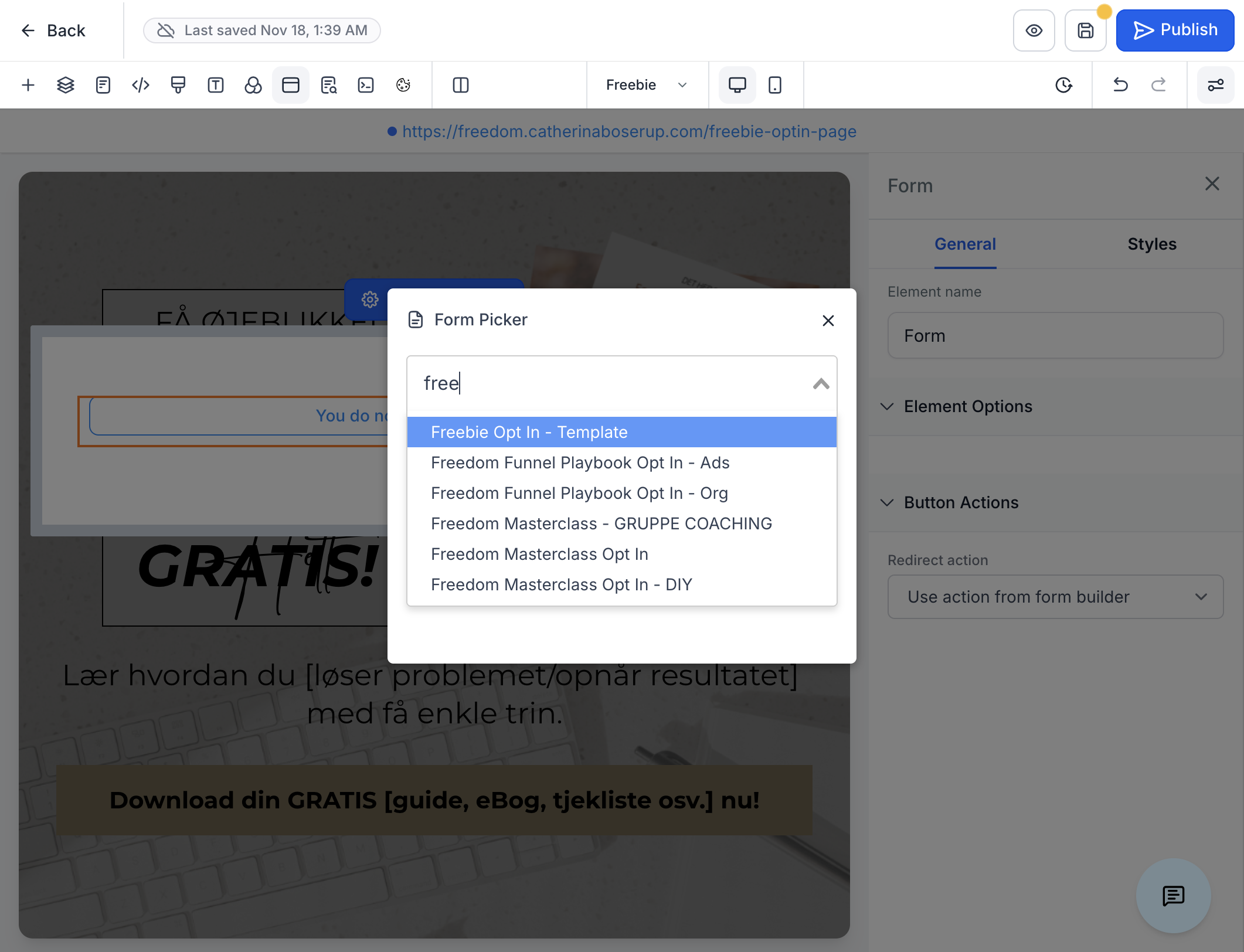 Vælg din formular fx Freebie Opt In - Template