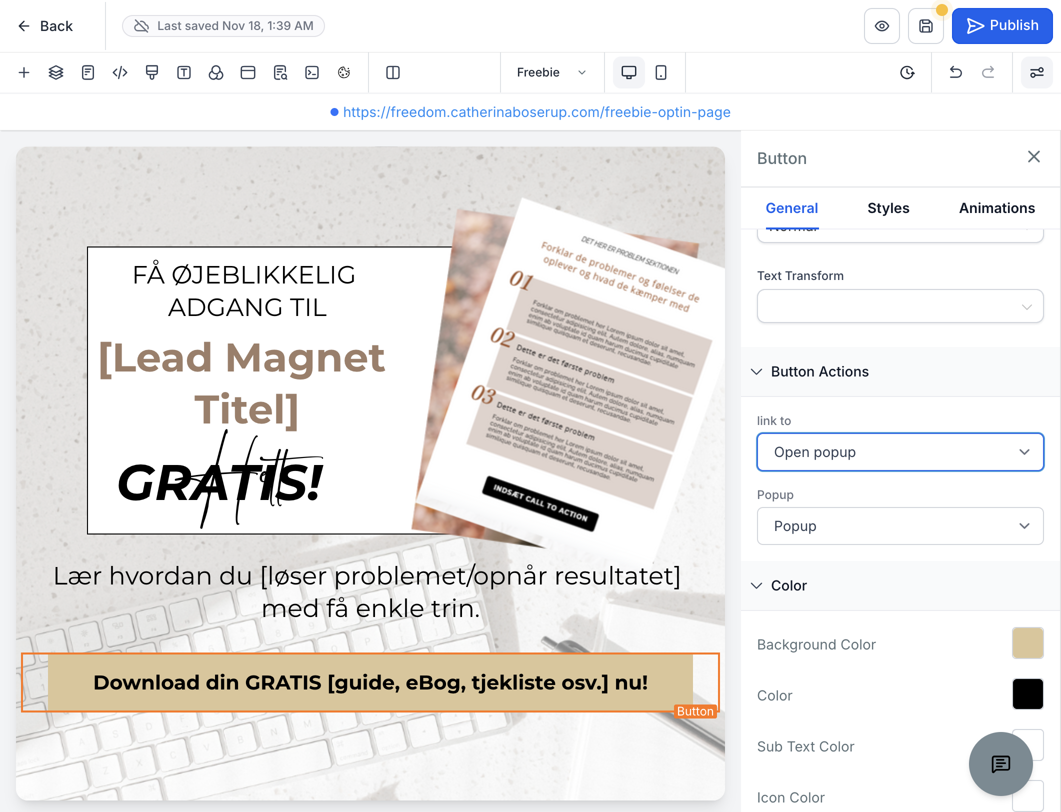 Under afsnittet Button Actions, indstil feltet "link to" til "Open popup"