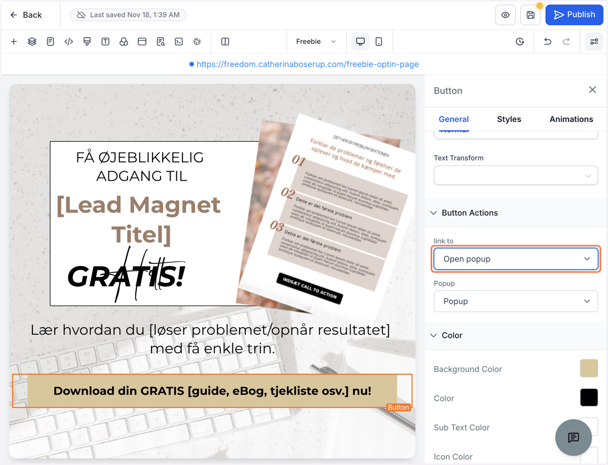 Under afsnittet Button Actions, indstil feltet "link to" til "Open popup"