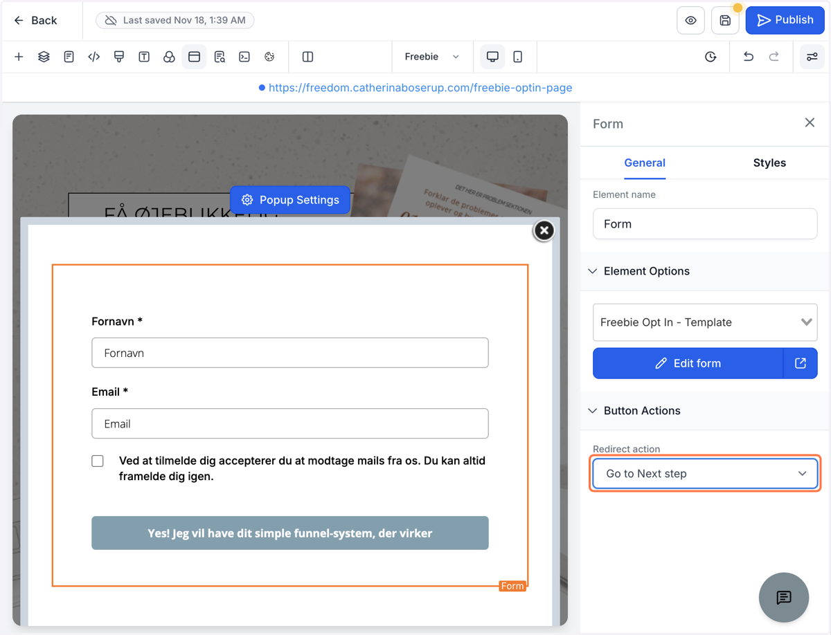 Indstil Button Action til enten "Go to Next step" eller "Go to website URL"