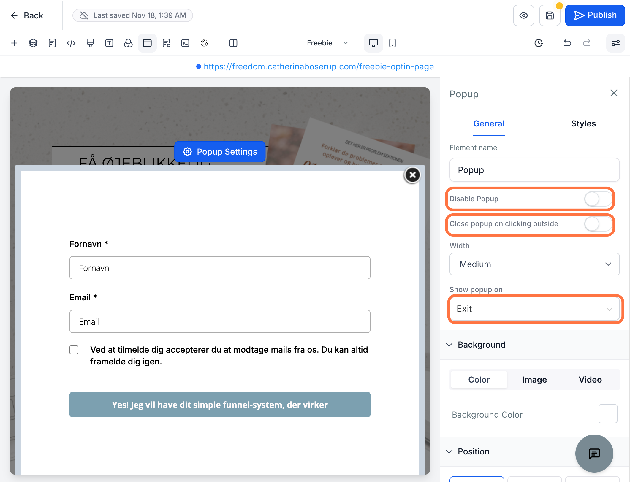 I menuen kan du indstille alt omkring visning af popup
