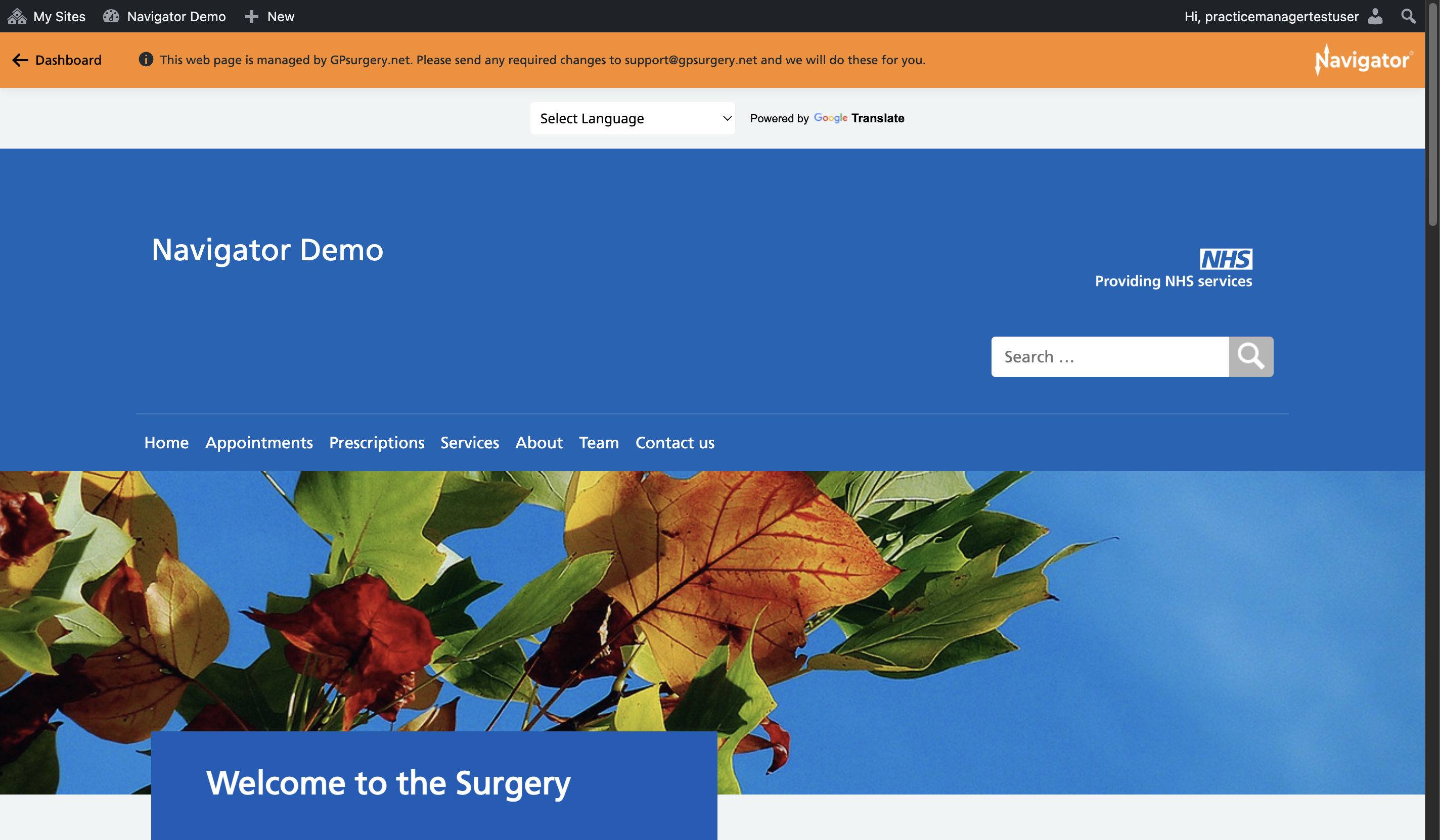 A GPsurgery.net Navigator website with the admin toolbar and Navigator toolbar showing at the top of the screen