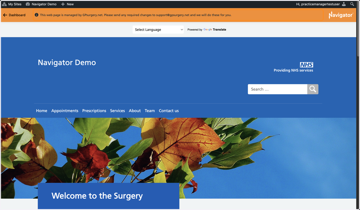 A GPsurgery.net Navigator website with the admin toolbar and Navigator toolbar showing at the top of the screen