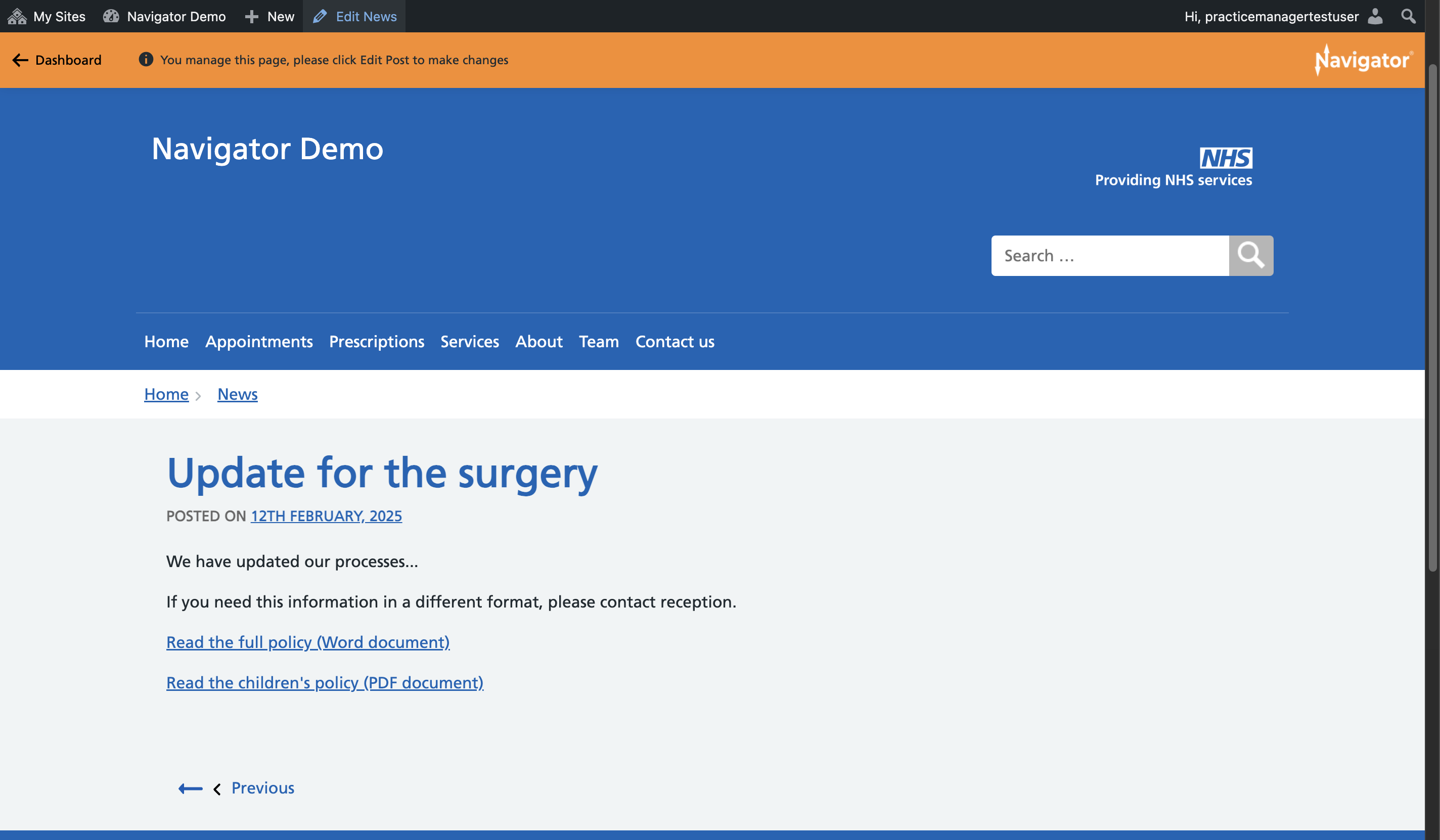 A News item called "Update for the surgery." "Edit News" is highlighted in the admin toolbar.