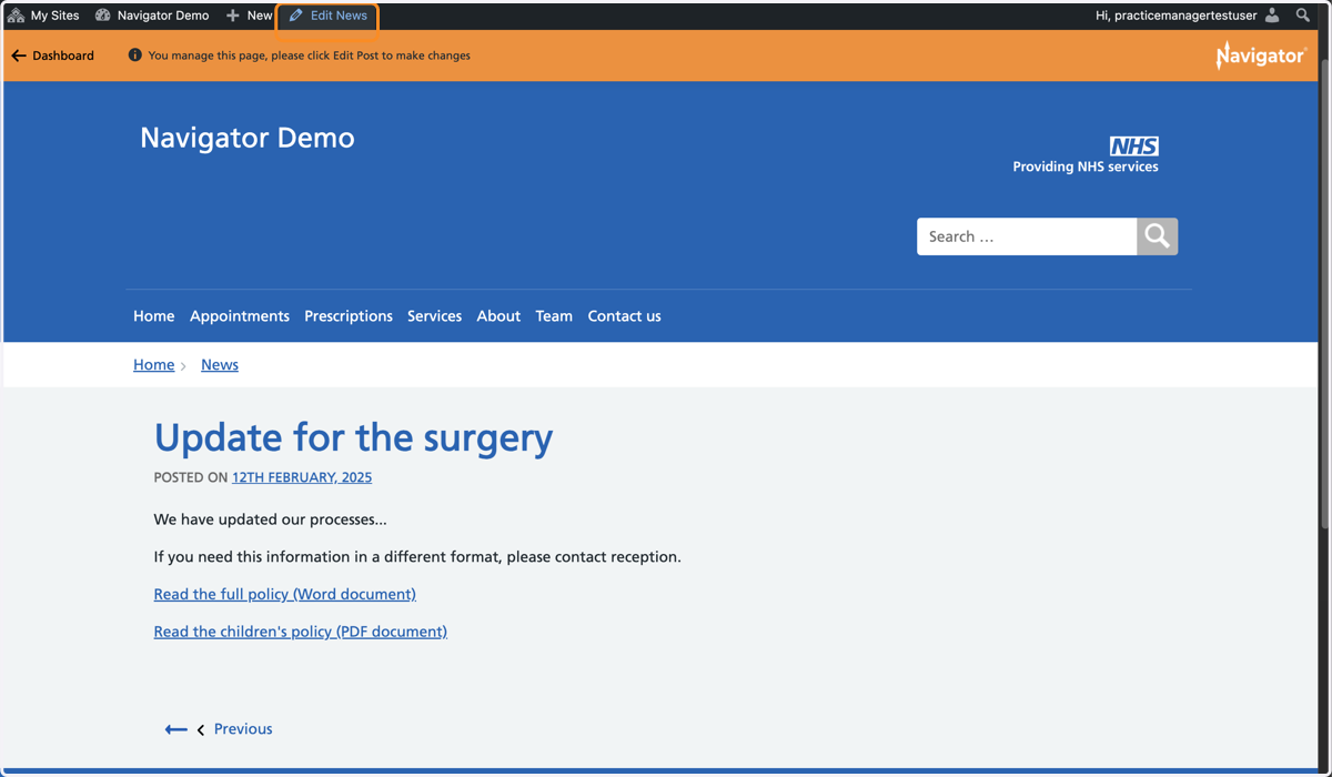 A News item called "Update for the surgery." "Edit News" is highlighted in the admin toolbar.