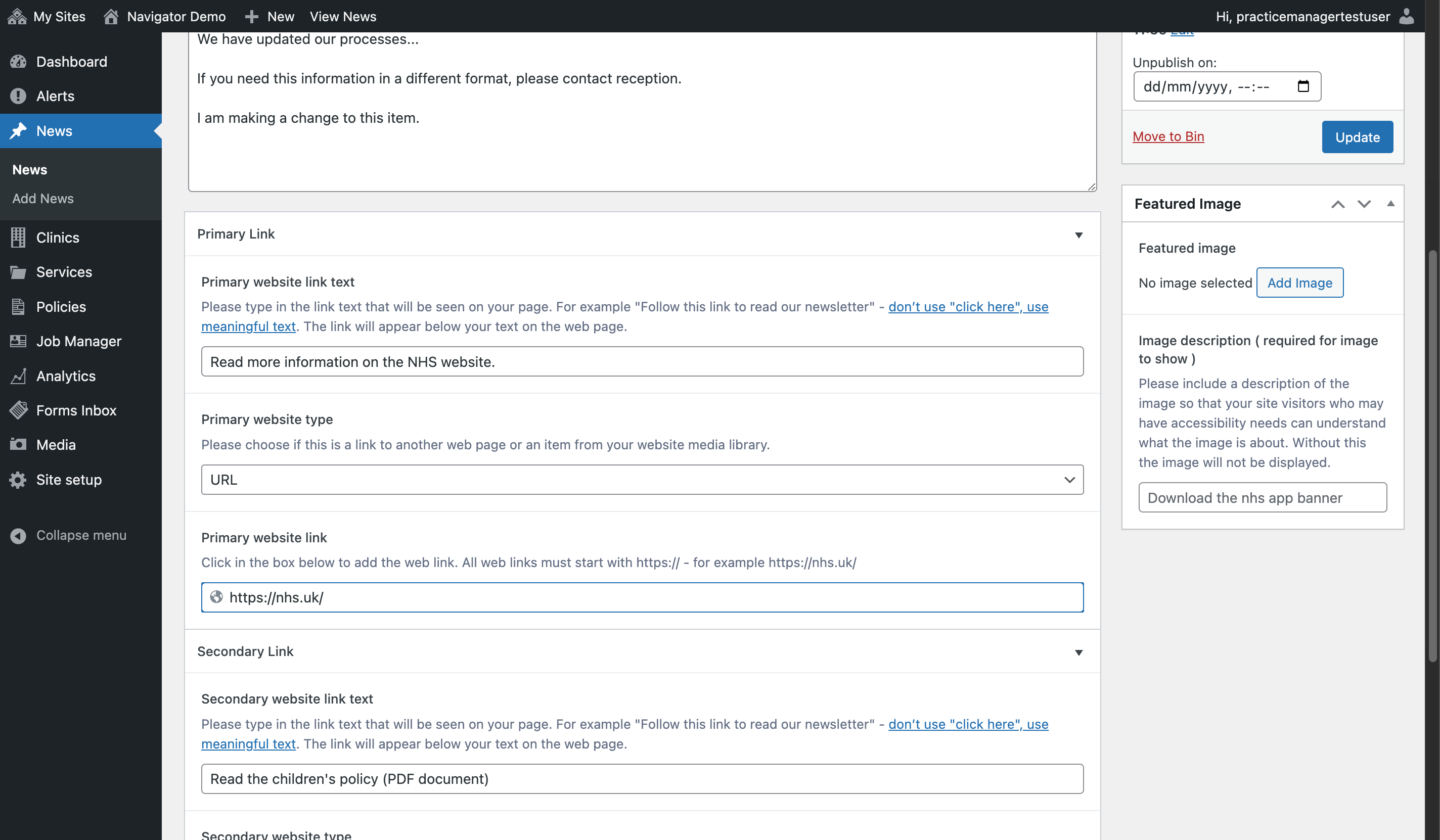 The Primary Link section with changes made to the link.