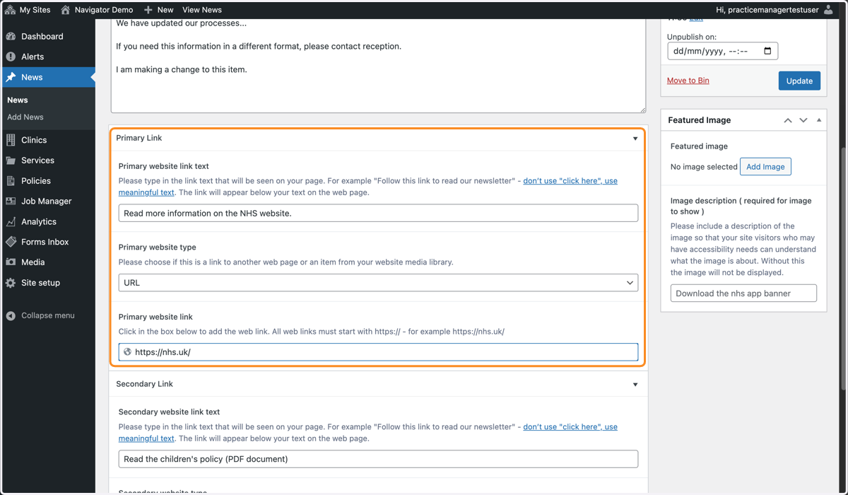 The Primary Link section with changes made to the link.