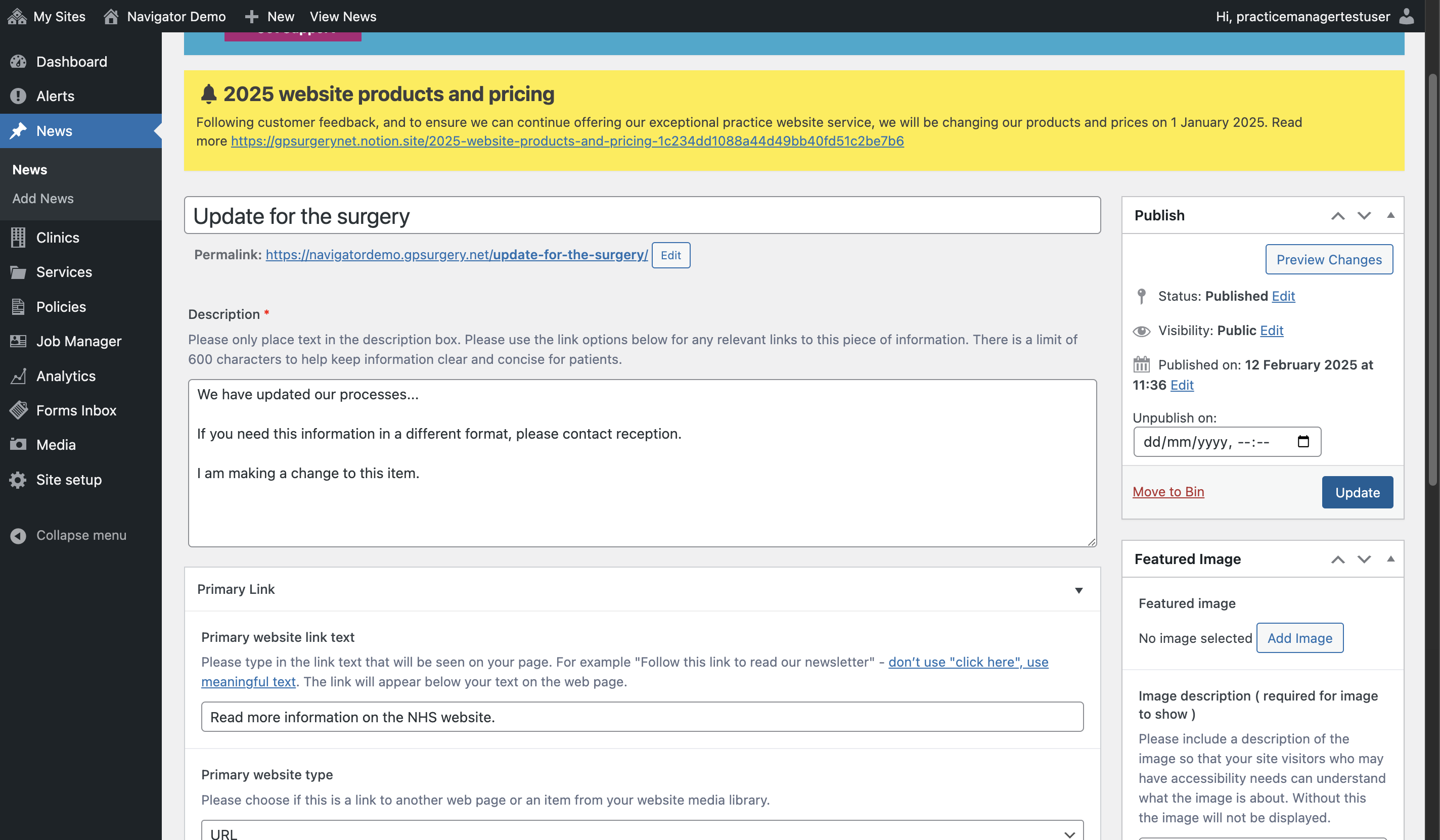 The Publish box with the Update button selected.